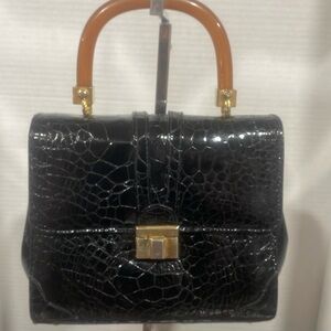 Abraham Straus Vintage Designer Black Croc Embossed Bag made in Italy Leather